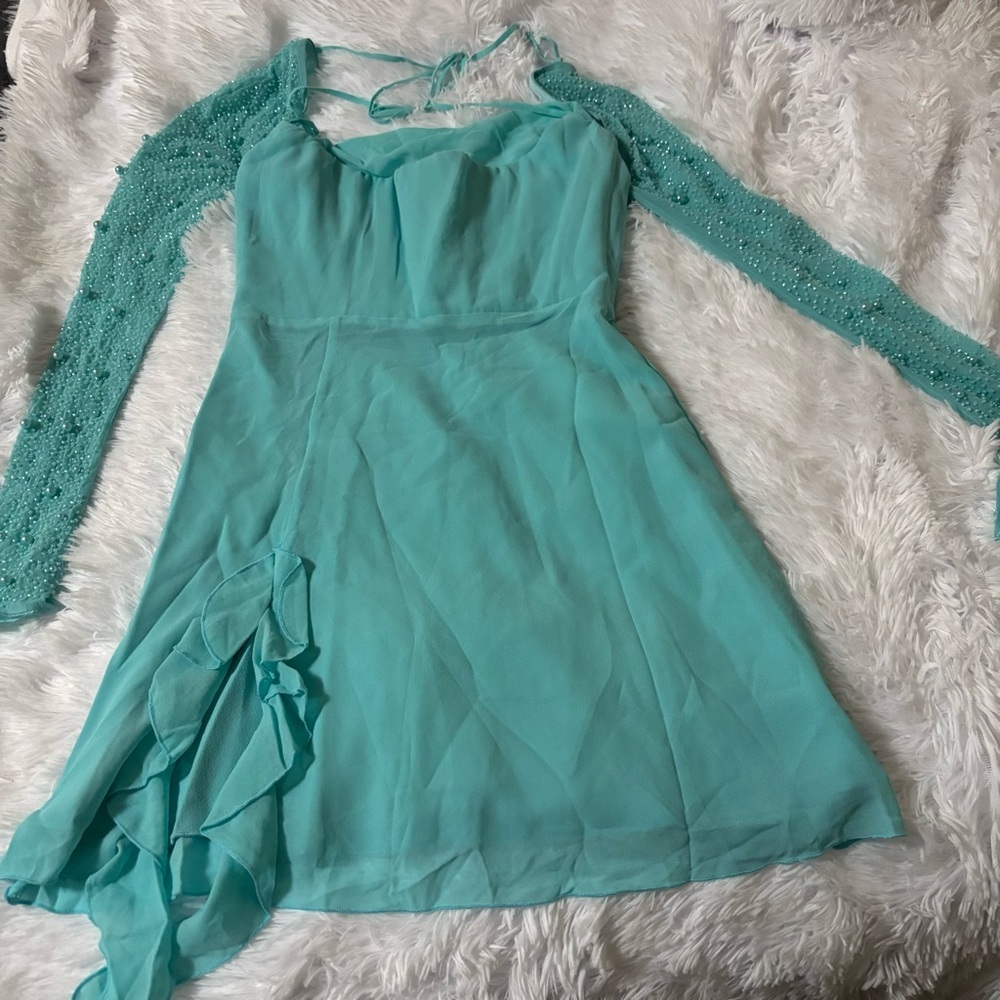 Oh Polly Light Blue Beaded Long Sleeve Dress - Picture 4 of 7